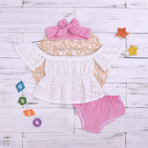 Baby Girl’s Hollow Out Top Striped Shorts and Headband Set